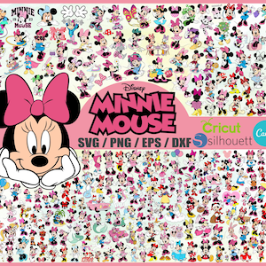 May include: A large collection of Minnie Mouse digital clipart images in various poses and outfits. The images are in a pink, red, and black colour scheme. The text "Disney Minnie Mouse" is in a pink and white font. The text "Cricut Silhouette Canva" is in a white font on a pink background. The text "SVG/PNG/EPS/DXF" is in a white font on a pink background.