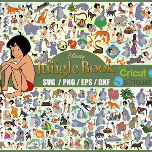 May include: A colorful illustration of characters from Disney's The Jungle Book. The image includes Mowgli, Baloo, Shere Khan, Kaa, and other characters. The text "The Jungle Book" is displayed in a large font with the Disney logo. The image also includes the logos for Cricut and Silhouette.