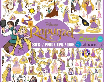May include: A digital collage of images featuring Rapunzel from the Disney movie Tangled. The collage includes various images of Rapunzel with her long blonde hair, her prince, and other characters from the movie. The text "Disney Rapunzel" is featured in the center of the collage. The text "SVG/PNG/EPS/DXF Cricut Silhouette Canva" is featured at the bottom of the collage.