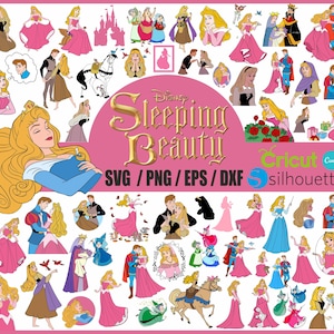 May include: A collection of Sleeping Beauty Disney character SVG, PNG, EPS, and DXF files for use with Cricut and Silhouette cutting machines. The image features a variety of Sleeping Beauty characters, including Aurora, Prince Phillip, Maleficent, and the three good fairies.