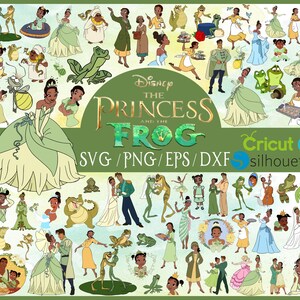 May include: A collection of digital cut files featuring characters and elements from the Disney film The Princess and the Frog. The files include a variety of characters, such as Tiana, Naveen, Ray, and Mama Odie, as well as frogs, lily pads, and other elements from the film. The files are available in SVG, PNG, EPS, and DXF formats. The text "Disney The Princess and the Frog" is displayed in a large font at the top of the image. The text "SVG/PNG/EPS/DXF" is displayed below the title. The logos for Cricut and Silhouette are displayed in the bottom right corner of the image.