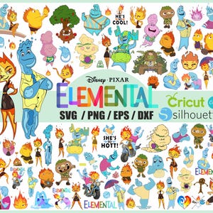 Puede incluir: Una colección colorida de gráficos de personajes de Disney Pixar Elemental. La imagen incluye varios personajes en diferentes poses, con la palabra "ELEMENTAL" en letras grandes y coloridas. La imagen también incluye el texto "SVG / PNG / EPS / DXF" y "Cricut silhouette".