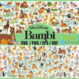 Peut inclure: Une collection de plus de 100 images de dessins animés colorés de Bambi et ses amis du film Disney Bambi. Les images incluent Bambi,  Thumper, Fleur et d'autres personnages du film. Les images sont parfaites pour les projets d'artisanat, le scrapbooking et plus encore.