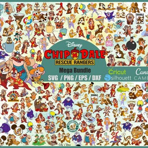 May include: A large collection of colourful digital clipart featuring Chip and Dale from Disney's Rescue Rangers. The clipart includes various poses and expressions of the characters, including Chip and Dale wearing different outfits and holding different objects. The text "Chip 'n Dale Rescue Rangers Mega Bundle" is displayed at the top of the image. The text "SVG/PNG/EPS/DXF" is displayed below the title. The text "Cricut Silhouette Cameo Canva" is displayed at the bottom of the image.