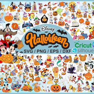 May include: A digital graphic featuring numerous Disney characters in Halloween costumes, including Mickey Mouse, Donald Duck, and Winnie the Pooh, with pumpkins and the text "Disney Halloween". Includes SVG, PNG, EPS, and DXF file formats.