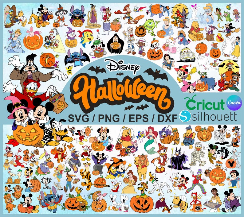 May include: A digital graphic featuring numerous Disney characters in Halloween costumes, including Mickey Mouse, Donald Duck, and Winnie the Pooh, with pumpkins and the text "Disney Halloween". Includes SVG, PNG, EPS, and DXF file formats.