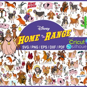 Puede incluir: Gráfico digital con personajes de dibujos animados de "Home on the Range" de Disney. La imagen incluye vacas, caballos, cerdos y otros animales. El gráfico está disponible en formatos SVG, PNG, EPS, DXF y PDF. El texto "Home on the Range" es visible.