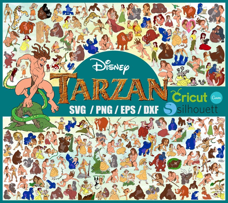 May include: A teal graphic featuring numerous cartoon illustrations of characters from Disney's Tarzan. The title "Tarzan" is displayed in large, textured letters, with the Disney logo above. Text below indicates SVG, PNG, EPS, and DXF file formats.