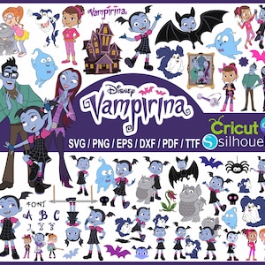 Peut inclure: Une collection de fichiers SVG, PNG, EPS, DXF, PDF et TTF sur le thème de Disney Vampirina. L'image présente divers personnages, dont Vampirina, sa famille et ses amis, ainsi que des chauves-souris, une maison hantée et d'autres éléments connexes. L'image comprend également le texte "Disney Vampirina".