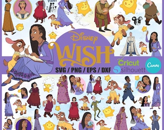 May include: A collection of digital clipart featuring characters and elements from the Disney movie Wish. The clipart includes a variety of characters, including a young woman with long brown hair, a goat, a sun, and a man with a lute. The clipart is designed for use in crafting projects, such as scrapbooking, card making, and digital design. The text "Disney Wish" and "Cricut Silhouette Canva" are also included in the image.