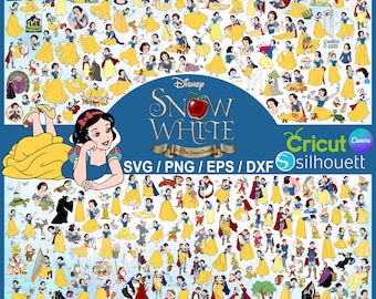 May include: A digital art collection featuring multiple illustrations of Snow White in various poses, with the Disney logo and text "Snow White" and "The Seven Dwarfs". Includes SVG, PNG, EPS, and DXF files for Cricut and Silhouette machines.