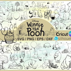 May include: A collection of black and white Winnie the Pooh illustrations. The image includes various scenes of Pooh Bear, Piglet, and other characters, along with the text "Winnie the Pooh" and file type options: SVG, PNG, EPS, and DXF.