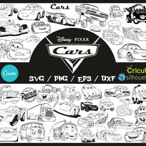 Peut inclure: Dessin au trait noir et blanc de divers personnages de voitures de dessins animés, dont Flash McQueen et Martin, avec le logo Disney Pixar Cars. L'image comprend les mots "Cars", "SVG", "PNG", "EPS" et "DXF".