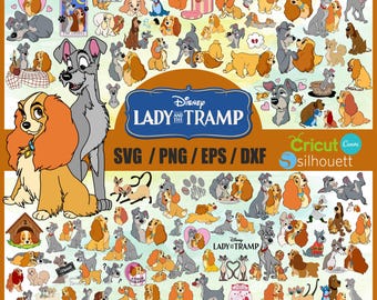 May include: A digital download of over 100 SVG, PNG, EPS, and DXF files featuring various characters from the Disney movie Lady and the Tramp. The files include images of Lady, Tramp, and other characters from the film, such as the Siamese cats, the dog catcher, and the Italian greyhound.