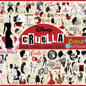 May include: A collage of Cruella de Vil-themed graphics and illustrations. The design includes various images of Cruella, Dalmatian dogs, and text elements like "Cruella," "Disney," and "Evil by Design." The color palette is primarily black, white, and red.