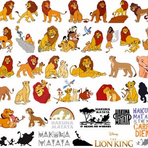 May include: A collection of colorful cartoon lion characters from the Disney movie The Lion King. The characters are in various poses and include Simba, Nala, Mufasa, Scar, Timon, Pumbaa, and more. The characters are all against a white background. The text "Hakuna Matata" is also included in the image.