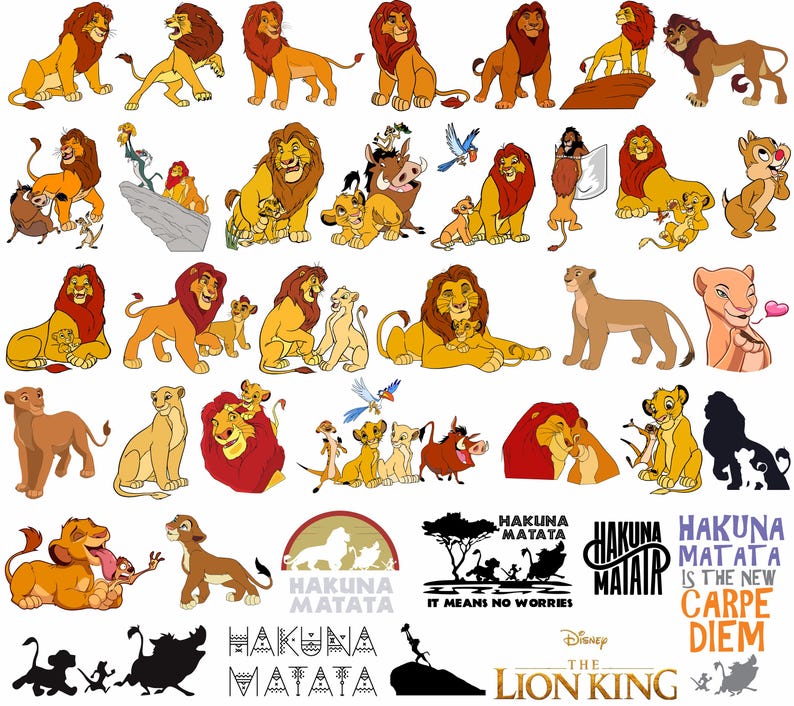 May include: A collection of colorful cartoon lion characters from the Disney movie The Lion King. The characters are in various poses and include Simba, Nala, Mufasa, Scar, Timon, Pumbaa, and more. The characters are all against a white background. The text "Hakuna Matata" is also included in the image.