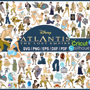 May include: A digital design featuring characters and logos from Disney's "Atlantis: The Lost Empire." The image includes various character illustrations, the film's title, and the Cricut and Canva logos. Formats include SVG, PNG, EPS, DXF, and PDF.