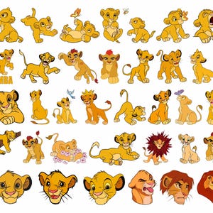 May include: A collection of 30 colorful cartoon lion illustrations. The lions are in various poses, including standing, sitting, and lying down. Some lions are wearing crowns, while others are holding flowers or butterflies. The word "SIMBA" is written in bold letters at the bottom of the image.