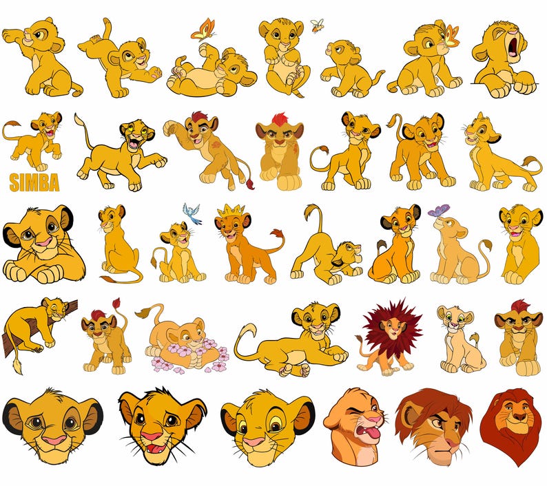 May include: A collection of 30 colorful cartoon lion illustrations. The lions are in various poses, including standing, sitting, and lying down. Some lions are wearing crowns, while others are holding flowers or butterflies. The word "SIMBA" is written in bold letters at the bottom of the image.