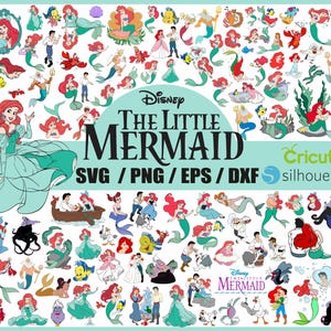 May include: A digital download of over 50 SVG, PNG, EPS, and DXF files featuring characters and elements from Disney's The Little Mermaid. The files are compatible with Cricut and Silhouette cutting machines.