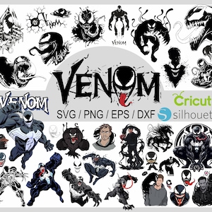May include: A collection of black and white vector images of Venom, a fictional superhero character. The images include various poses and expressions of Venom, including a full-body image, a close-up of the face, and a silhouette. The text "VENOM" is also included in the image, along with the words "SVG/PNG/EPS/DXF" and the logos for Cricut and Silhouette.