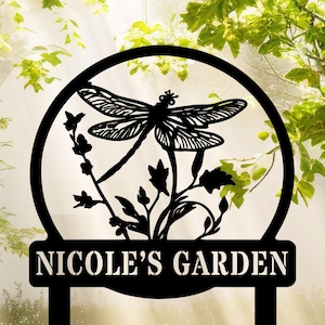 Custom Dragonfly Garden Sign - Gardening Sign - Outdoor Yard Garden Decor - Metal Dragonfly Garden Stake - Sign for Flower Beds