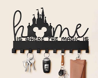 Home Is Where Magic Is Disney Key Hanger - Disney Castle Decor - Wall Hook Rack - Mickey Head Sign - Disney Quote Decor - Disney Lover Gifts