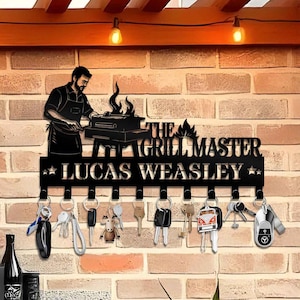 Grill Master aangepaste sleutelhanger - achtertuin grillhaken - BBQ-gerei hanger bord - Chef Master Decor - cadeaus voor papa - kerst BBQ-decor