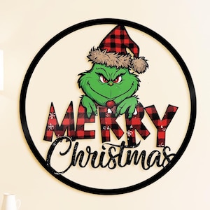 Merry Christmas Grinch Theme Metal Sign - Grinch Character Inspired Kids Presents - Grinchmas Santa Hat Sign - Funny Christmas Grinch Metal