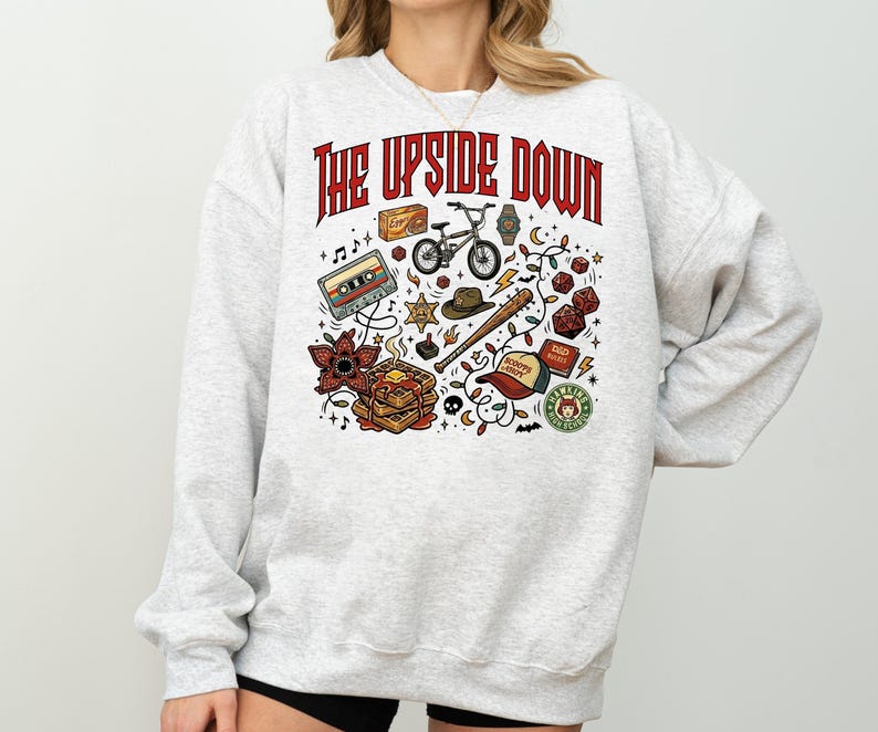 The Upside World Sweatshirt, Retro 80s Horror Icons Graphic Tee, Dark Fantasy Sci Fi Sweatshirt, Vintage Mystery Streetwear Hoodie image 2