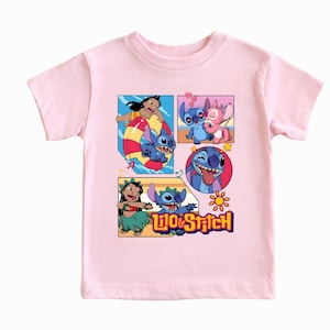 May include: A light pink short-sleeve t-shirt featuring a graphic print of Lilo and Stitch characters. The design includes multiple panels showing Stitch in a pool float, Stitch with Angel, and Lilo dancing. The text Lilo & Stitch is printed below.