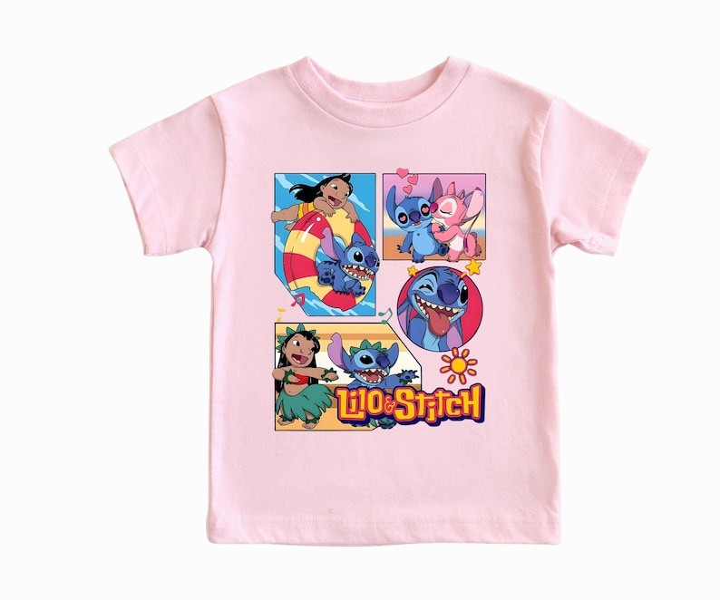 May include: A light pink short-sleeve t-shirt featuring a graphic print of Lilo and Stitch characters. The design includes multiple panels showing Stitch in a pool float, Stitch with Angel, and Lilo dancing. The text Lilo & Stitch is printed below.