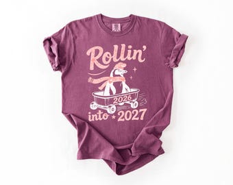 Comfort Colors® Rollin Into 2027 Shirt or Sweatshirt, Funny Penguin New Year Tee, Retro New Years Eve Party Apparel