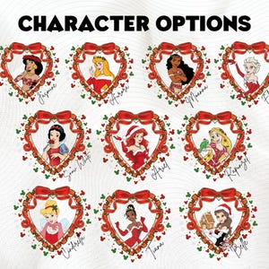 nine Disney princess character portraits, each framed within a red heart and adorned with a bow. The characters include Snow White, Rapunzel, Belle, Cinderella, Ariel, Snow White's ghost, Rapunzel's fairy, and Belle's fairy.