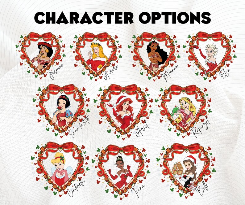 nine Disney princess character portraits, each framed within a red heart and adorned with a bow. The characters include Snow White, Rapunzel, Belle, Cinderella, Ariel, Snow White's ghost, Rapunzel's fairy, and Belle's fairy.