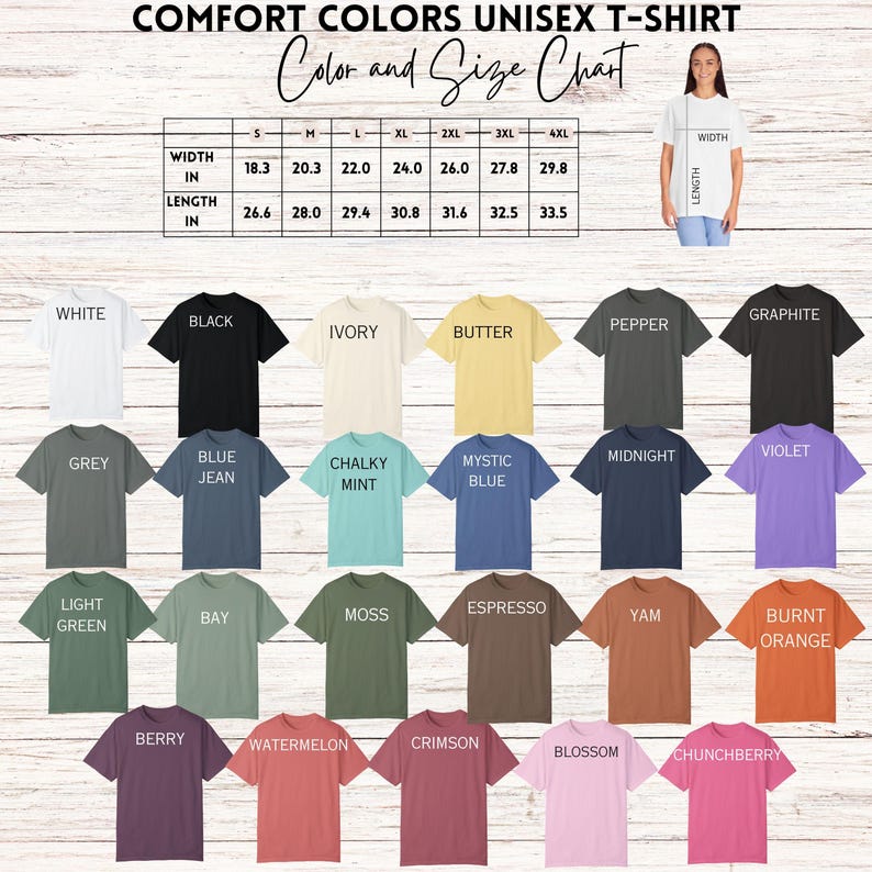 The image is a color and size chart for a unisex t-shirt, displaying various color options and corresponding sizes.