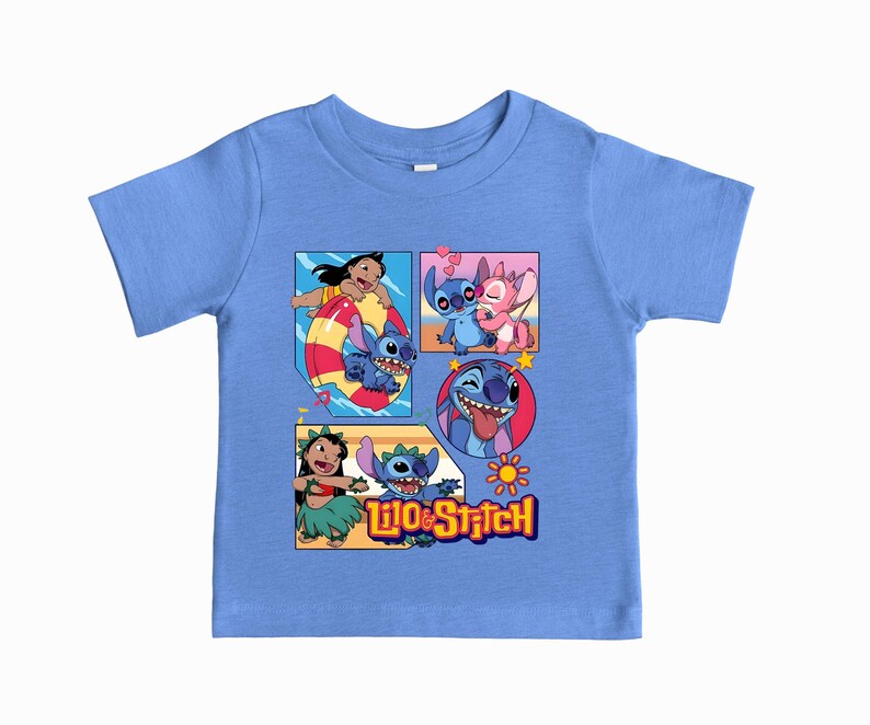 May include: A light blue short-sleeve t-shirt featuring a graphic print of Lilo and Stitch characters in various scenes. The design includes Lilo and Stitch on a float, Stitch with Angel, a close-up of Stitch, and Lilo dancing with Stitch.