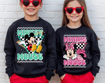 Mickey or Minnie Mouse Shirt or Sweatshirt, Retro Checkered Cartoon Tee, Cute Disney Style Shirt, Family Vacation Sweatshirt Hoodie