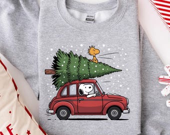 Cartoon Style Christmas Shirt or Sweatshirt, Vintage Cartoon Dog Inspired Holiday Car Tree Shirt, Cute Winter Cartoon Hoodie