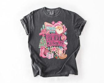 Comfort Colors® Howdy Christmas Shirt or Sweatshirt, Pink Western Santa Top, Cowgirl Holiday Tee, Retro Country Christmas Apparel