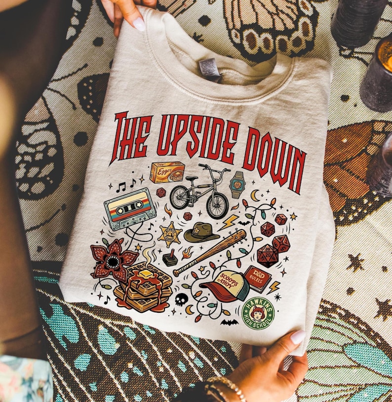 The Upside World Sweatshirt, Retro 80s Horror Icons Graphic Tee, Dark Fantasy Sci Fi Sweatshirt, Vintage Mystery Streetwear Hoodie image 1