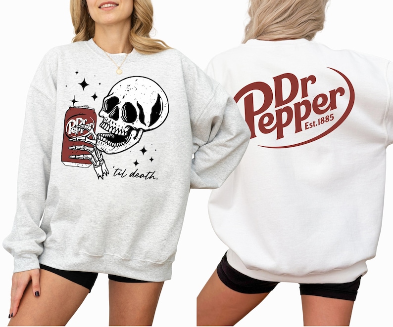 Funny Soda Front and Back Graphic Sweatshirt, Skeleton Drinking Soda Hoodie, Vintage Grunge Skull Aesthetic Shirt, Unisex Streetwear Tee image 1