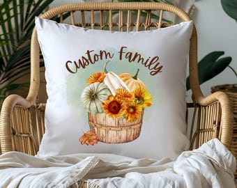 Custom Fall Throw Pillow with Pumpkins and Sunflowers, Personalized Family Name Thanksgiving Decor, Autumn Farmhouse 18x18 Cushion