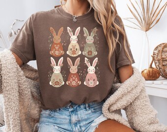 Comfort Colors®  Floral Bunny Shirt, Retro Easter Shirt for Women, Cute Bunnies Shirt, Trendy Easter Crewneck, Easter Gift for Women