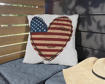 Patriotic Outdoor Pillow with Heart Design, Decorative Throw Cushion for Garden, Summer BBQ, 4th of July Decor, American Home Decor