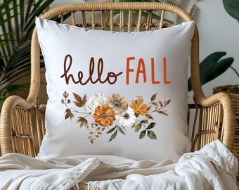 Hello Fall Pillow Cover | 18x18 Autumn Throw Pillow | Farmhouse Fall Decor | Thanksgiving Cushion Cover, Fall Decoration, Fall Throw Pillow