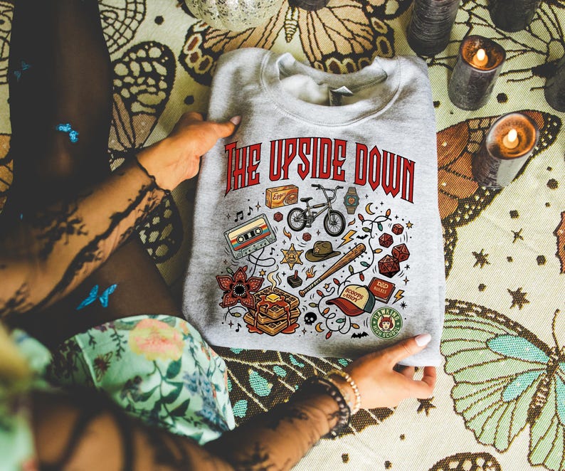 The Upside World Sweatshirt, Retro 80s Horror Icons Graphic Tee, Dark Fantasy Sci Fi Sweatshirt, Vintage Mystery Streetwear Hoodie image 3