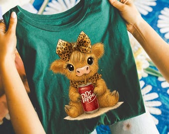 Dr Pepper Highland Cow Shirt or Sweatshirt, Cute Cow Drinking Soda Graphic Tee, Funny Farm Animal Shirt, Cozy Cow Soda Shirt