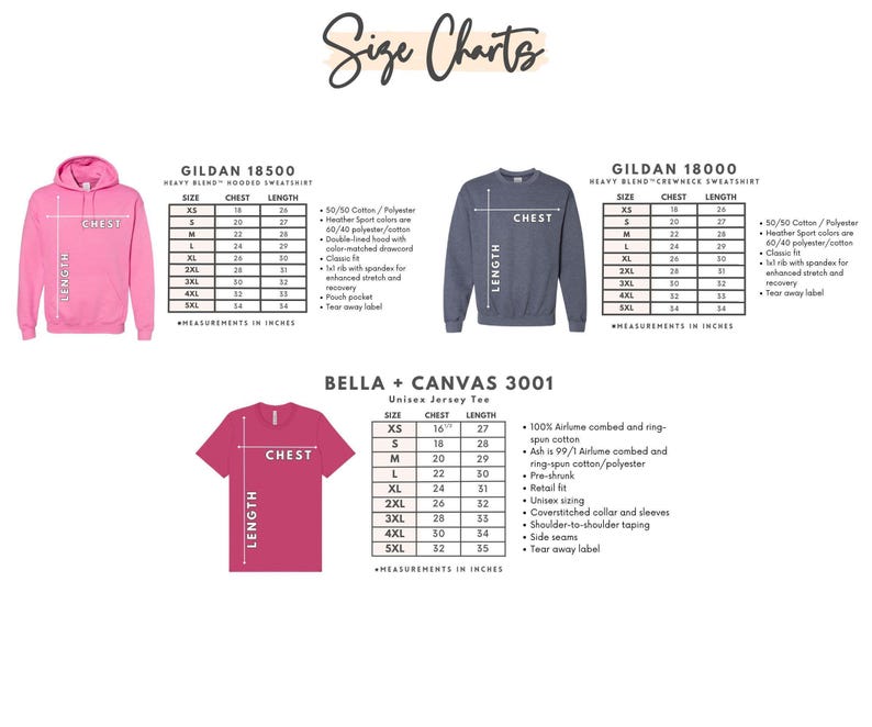 a collection of size charts and measurements for various clothing items, including a pink hoodie, a gray sweatshirt, and a red t-shirt. The charts provide specific measurements for different sizes, such as chest, waist, and length, as well as the corresponding garment size.